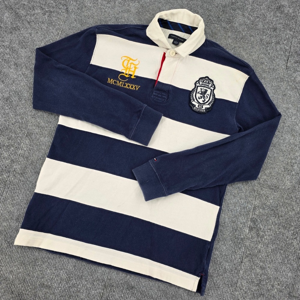 Tommy Hilfiger Kids Navy White Striped Long Sleeve Rugby Shirt Size L 12-14